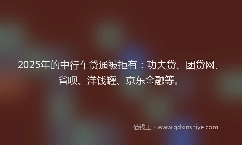 2025年的中行车贷通被拒有：功夫贷、团贷网、省呗、洋钱罐、京东金融等。