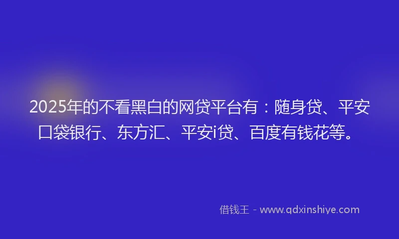 2025年的不看黑白的网贷平台有：随身贷、平安口袋银行、东方汇、平安i贷、百度有钱花等。