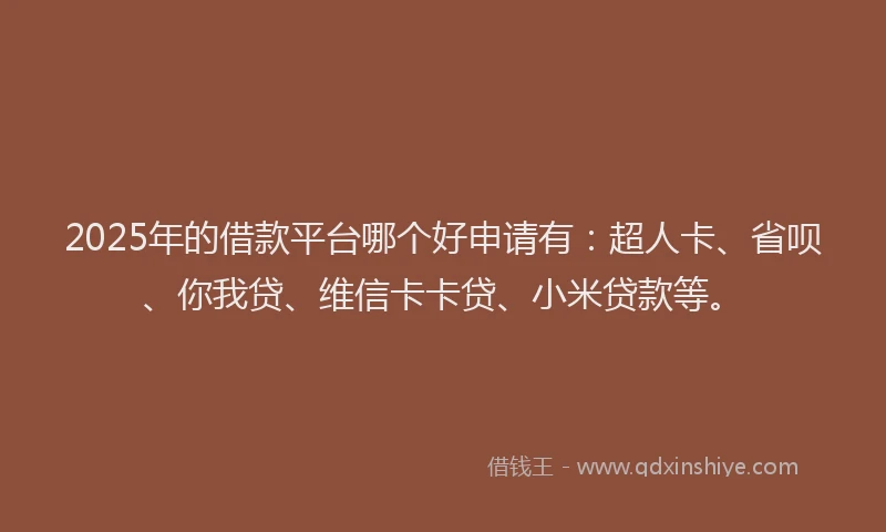 2025年的借款平台哪个好申请有：超人卡、省呗、你我贷、维信卡卡贷、小米贷款等。