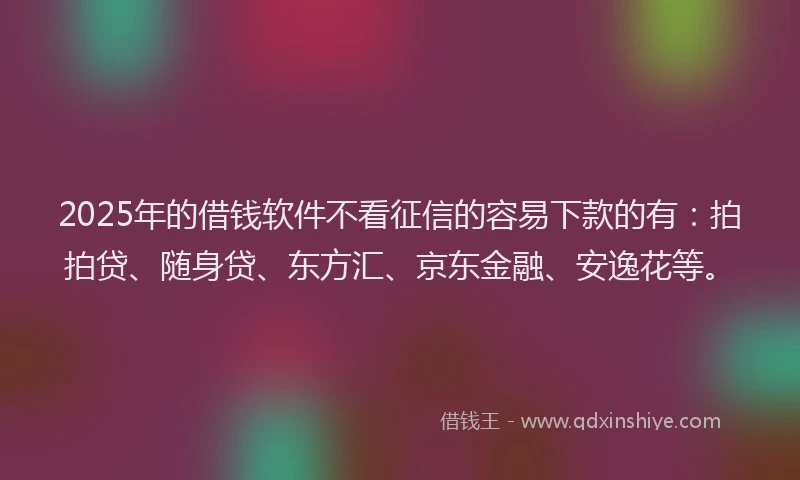 2025年的借钱软件不看征信的容易下款的有：拍拍贷、随身贷、东方汇、京东金融、安逸花等。