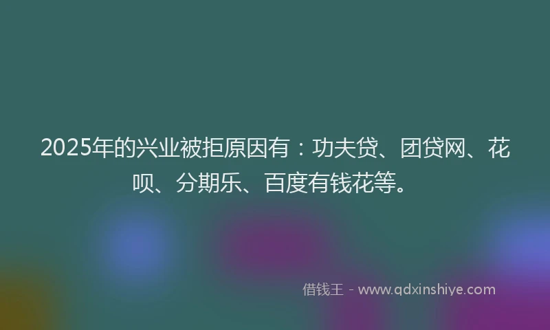 2025年的兴业被拒原因有：功夫贷、团贷网、花呗、分期乐、百度有钱花等。
