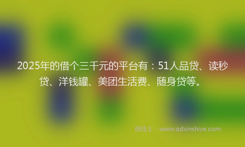 2025年的借个三千元的平台有：51人品贷、读秒贷、洋钱罐、美团生活费、随身贷等。