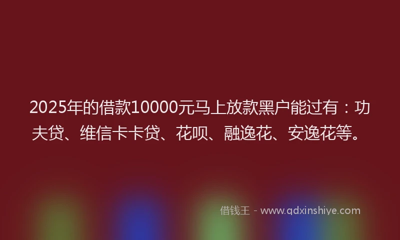 2025年的借款10000元马上放款黑户能过有：功夫贷、维信卡卡贷、花呗、融逸花、安逸花等。