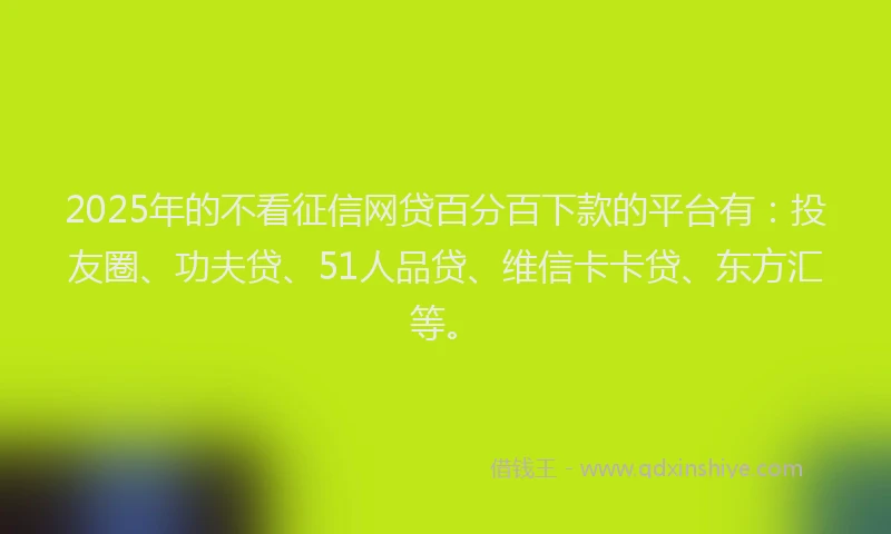 2025年的不看征信网贷百分百下款的平台有：投友圈、功夫贷、51人品贷、维信卡卡贷、东方汇等。