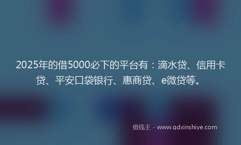 2025年的借5000必下的平台有：滴水贷、信用卡贷、平安口袋银行、惠商贷、e微贷等。