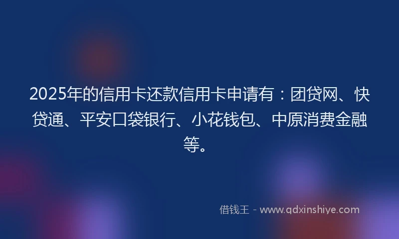 2025年的信用卡还款信用卡申请有：团贷网、快贷通、平安口袋银行、小花钱包、中原消费金融等。