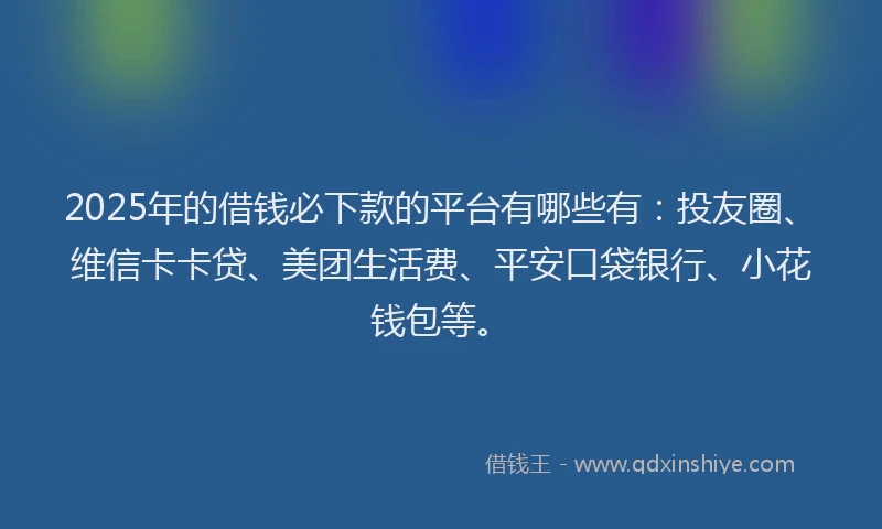 2025年的借钱必下款的平台有哪些有：投友圈、维信卡卡贷、美团生活费、平安口袋银行、小花钱包等。
