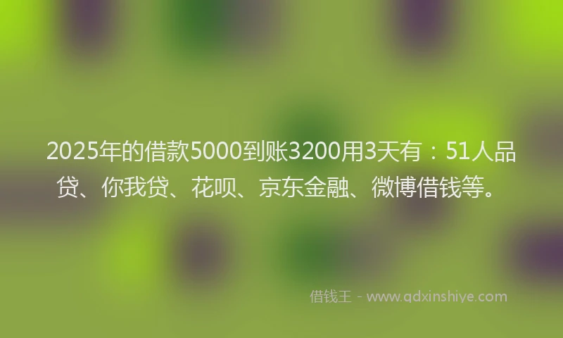 2025年的借款5000到账3200用3天有：51人品贷、你我贷、花呗、京东金融、微博借钱等。