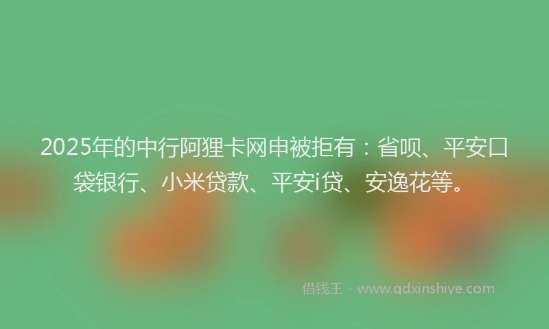 2025年的中行阿狸卡网申被拒有：省呗、平安口袋银行、小米贷款、平安i贷、安逸花等。
