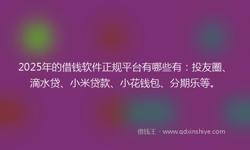 2025年的借钱软件正规平台有哪些有：投友圈、滴水贷、小米贷款、小花钱包、分期乐等。