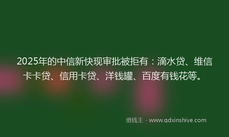 2025年的中信新快现审批被拒有：滴水贷、维信卡卡贷、信用卡贷、洋钱罐、百度有钱花等。