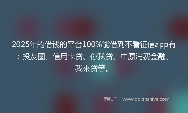 2025年的借钱的平台100%能借到不看征信app有：投友圈、信用卡贷、你我贷、中原消费金融、我来贷等。