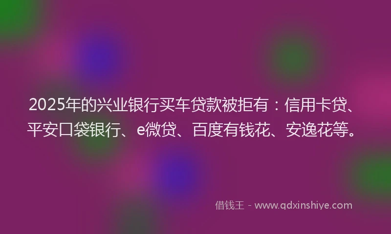 2025年的兴业银行买车贷款被拒有：信用卡贷、平安口袋银行、e微贷、百度有钱花、安逸花等。