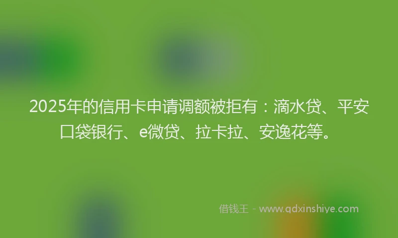 2025年的信用卡申请调额被拒有：滴水贷、平安口袋银行、e微贷、拉卡拉、安逸花等。