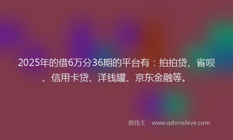2025年的借6万分36期的平台有：拍拍贷、省呗、信用卡贷、洋钱罐、京东金融等。