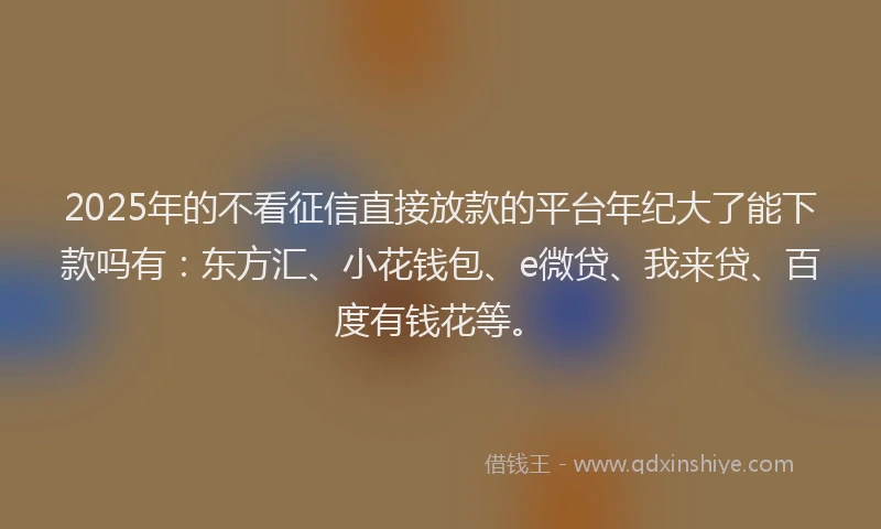 2025年的不看征信直接放款的平台年纪大了能下款吗有：东方汇、小花钱包、e微贷、我来贷、百度有钱花等。
