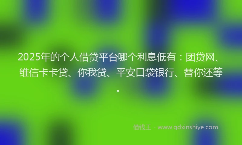 2025年的个人借贷平台哪个利息低有：团贷网、维信卡卡贷、你我贷、平安口袋银行、替你还等。