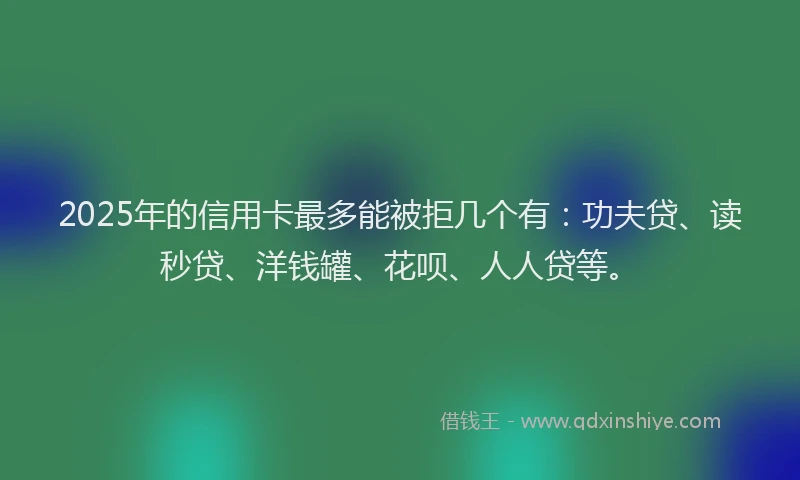 2025年的信用卡最多能被拒几个有：功夫贷、读秒贷、洋钱罐、花呗、人人贷等。