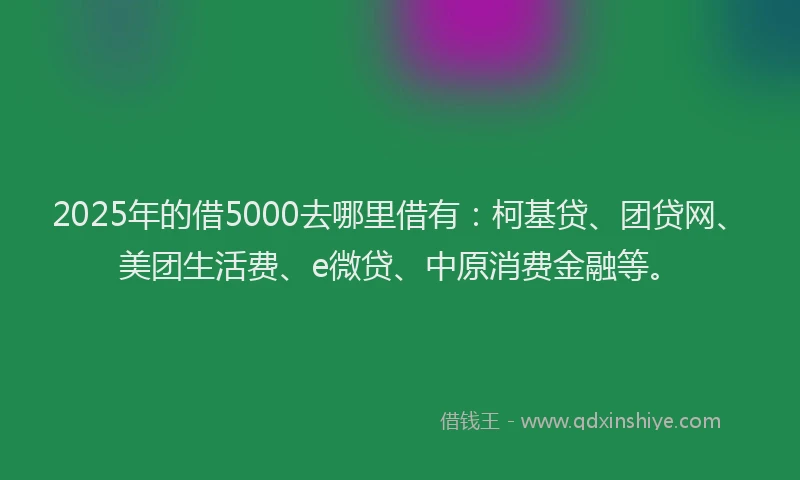 2025年的借5000去哪里借有：柯基贷、团贷网、美团生活费、e微贷、中原消费金融等。