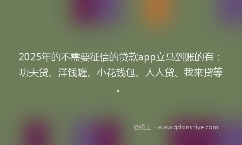 2025年的不需要征信的贷款app立马到账的有：功夫贷、洋钱罐、小花钱包、人人贷、我来贷等。