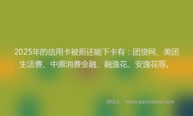 2025年的信用卡被拒还能下卡有：团贷网、美团生活费、中原消费金融、融逸花、安逸花等。