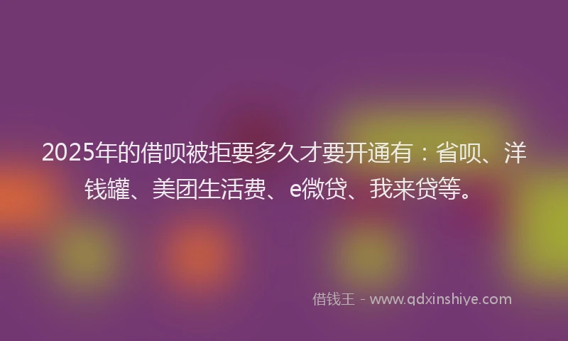 2025年的借呗被拒要多久才要开通有：省呗、洋钱罐、美团生活费、e微贷、我来贷等。