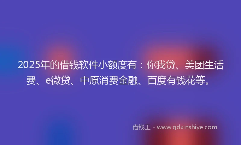 2025年的借钱软件小额度有：你我贷、美团生活费、e微贷、中原消费金融、百度有钱花等。