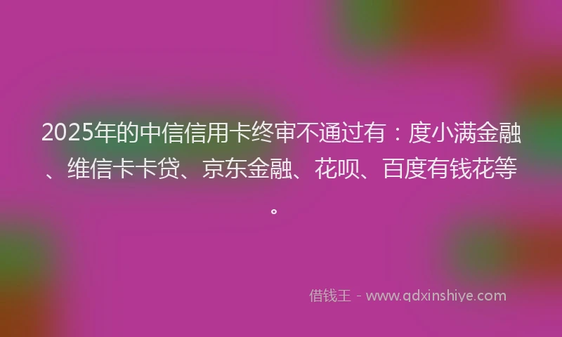 2025年的中信信用卡终审不通过有：度小满金融、维信卡卡贷、京东金融、花呗、百度有钱花等。