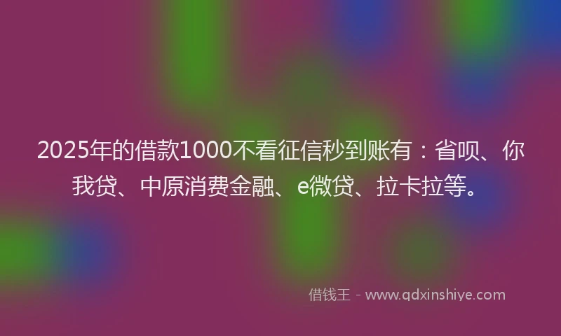 2025年的借款1000不看征信秒到账有：省呗、你我贷、中原消费金融、e微贷、拉卡拉等。