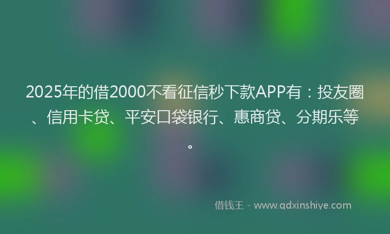 2025年的借2000不看征信秒下款APP有：投友圈、信用卡贷、平安口袋银行、惠商贷、分期乐等。