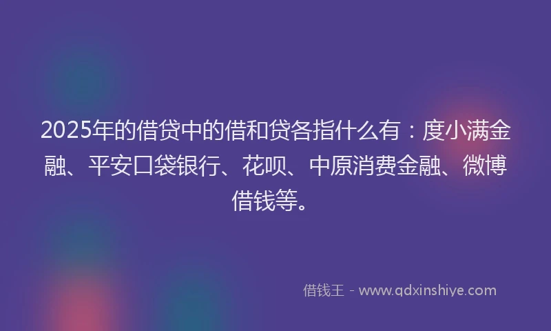 2025年的借贷中的借和贷各指什么有：度小满金融、平安口袋银行、花呗、中原消费金融、微博借钱等。