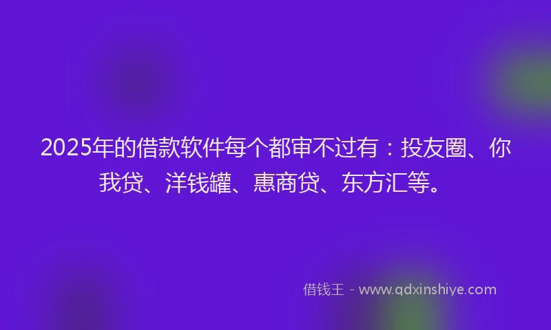 2025年的借款软件每个都审不过有：投友圈、你我贷、洋钱罐、惠商贷、东方汇等。
