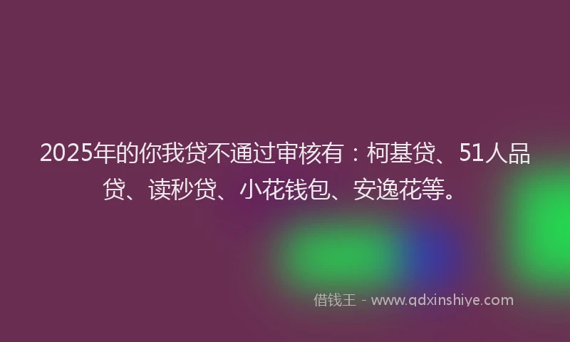 2025年的你我贷不通过审核有：柯基贷、51人品贷、读秒贷、小花钱包、安逸花等。