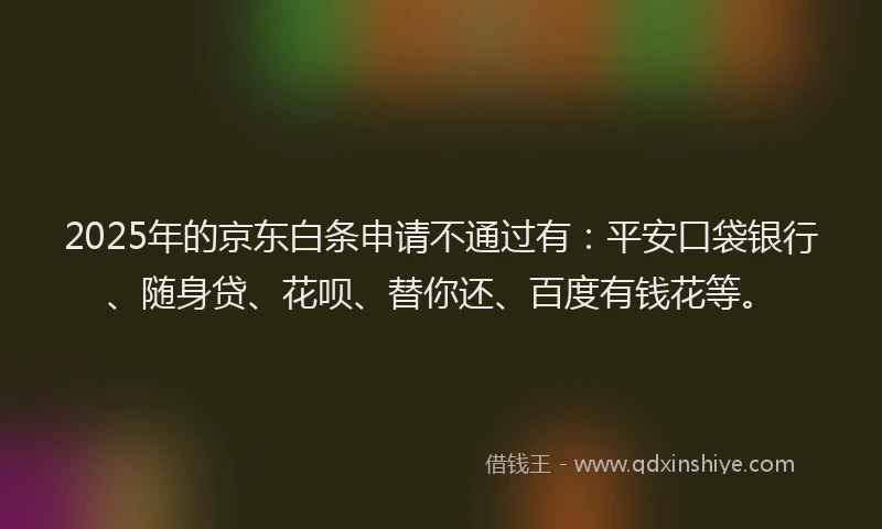 2025年的京东白条申请不通过有：平安口袋银行、随身贷、花呗、替你还、百度有钱花等。