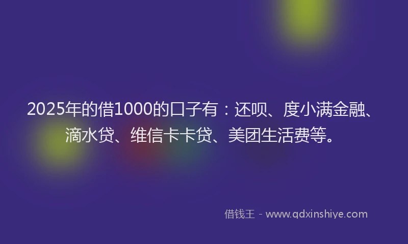 2025年的借1000的口子有：还呗、度小满金融、滴水贷、维信卡卡贷、美团生活费等。