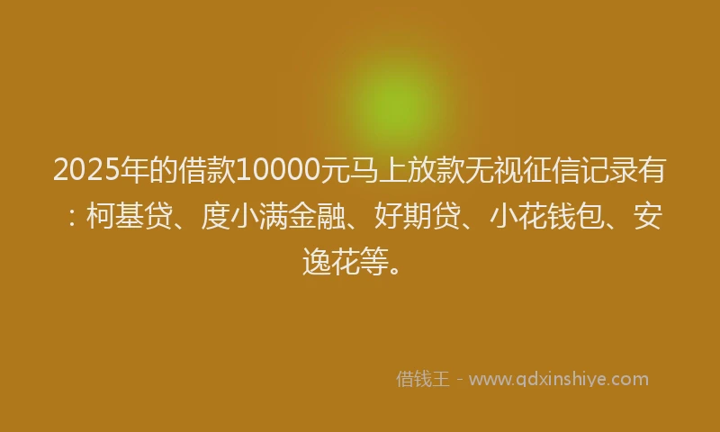2025年的借款10000元马上放款无视征信记录有：柯基贷、度小满金融、好期贷、小花钱包、安逸花等。