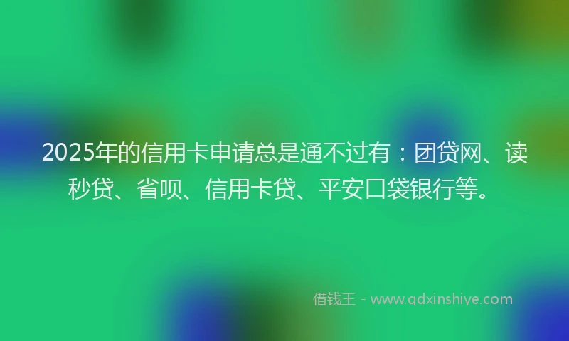 2025年的信用卡申请总是通不过有：团贷网、读秒贷、省呗、信用卡贷、平安口袋银行等。