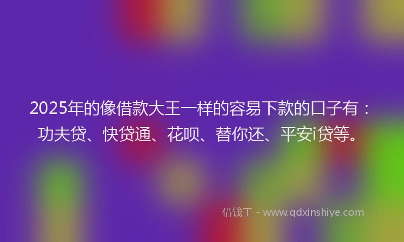2025年的像借款大王一样的容易下款的口子有：功夫贷、快贷通、花呗、替你还、平安i贷等。
