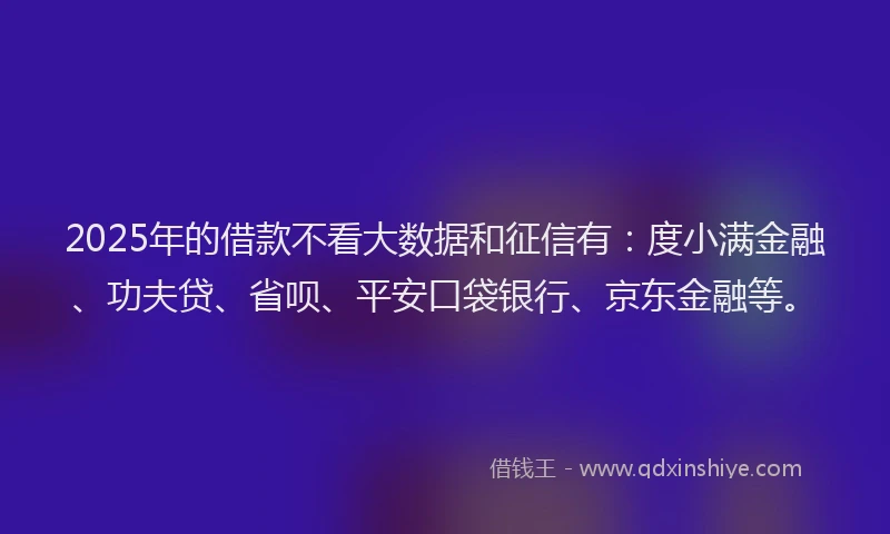 2025年的借款不看大数据和征信有：度小满金融、功夫贷、省呗、平安口袋银行、京东金融等。