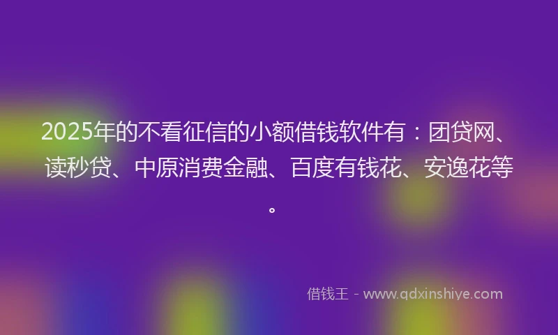2025年的不看征信的小额借钱软件有：团贷网、读秒贷、中原消费金融、百度有钱花、安逸花等。