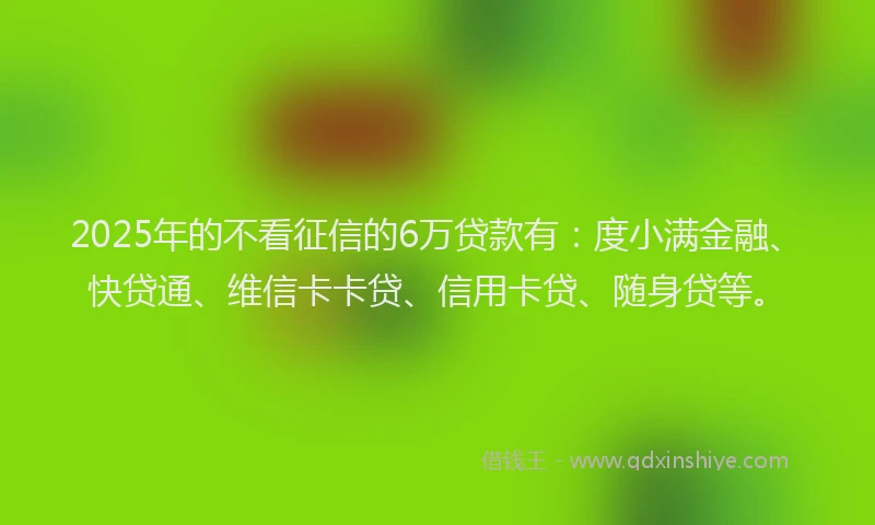 2025年的不看征信的6万贷款有：度小满金融、快贷通、维信卡卡贷、信用卡贷、随身贷等。