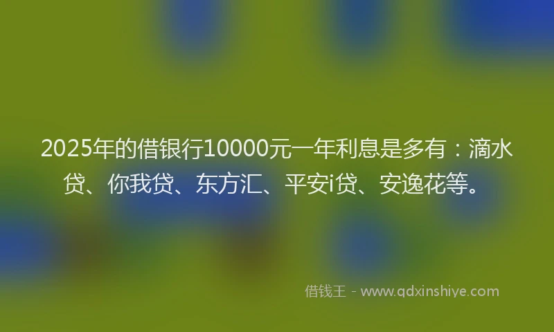 2025年的借银行10000元一年利息是多有：滴水贷、你我贷、东方汇、平安i贷、安逸花等。