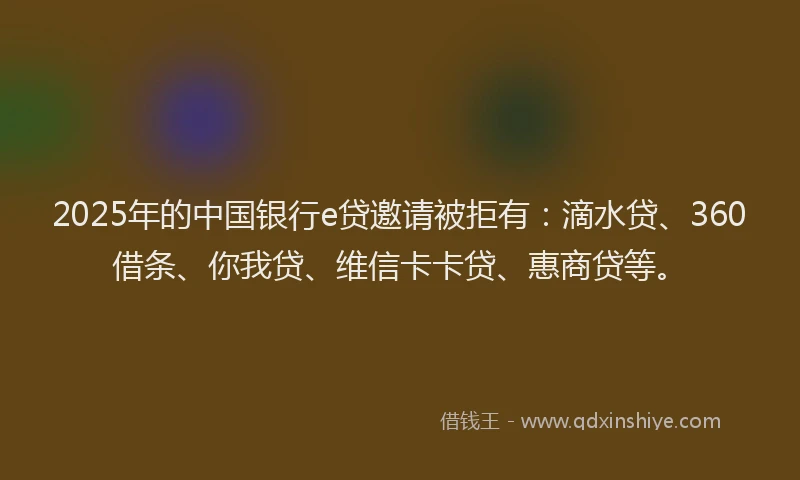 2025年的中国银行e贷邀请被拒有：滴水贷、360借条、你我贷、维信卡卡贷、惠商贷等。