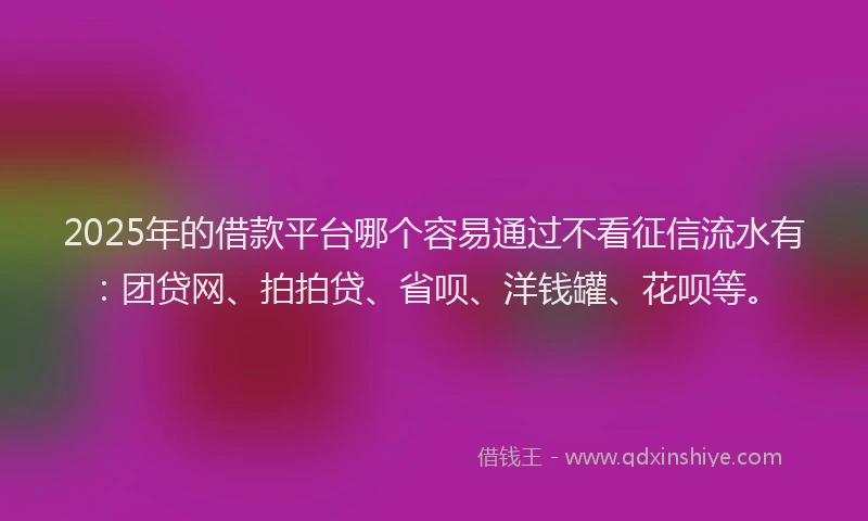 2025年的借款平台哪个容易通过不看征信流水有：团贷网、拍拍贷、省呗、洋钱罐、花呗等。