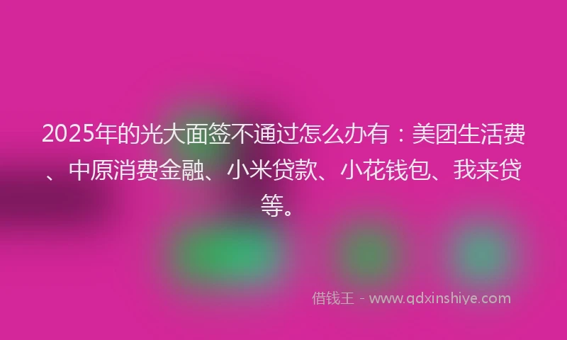 2025年的光大面签不通过怎么办有：美团生活费、中原消费金融、小米贷款、小花钱包、我来贷等。
