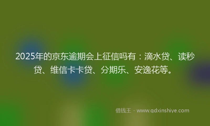 2025年的京东逾期会上征信吗有：滴水贷、读秒贷、维信卡卡贷、分期乐、安逸花等。