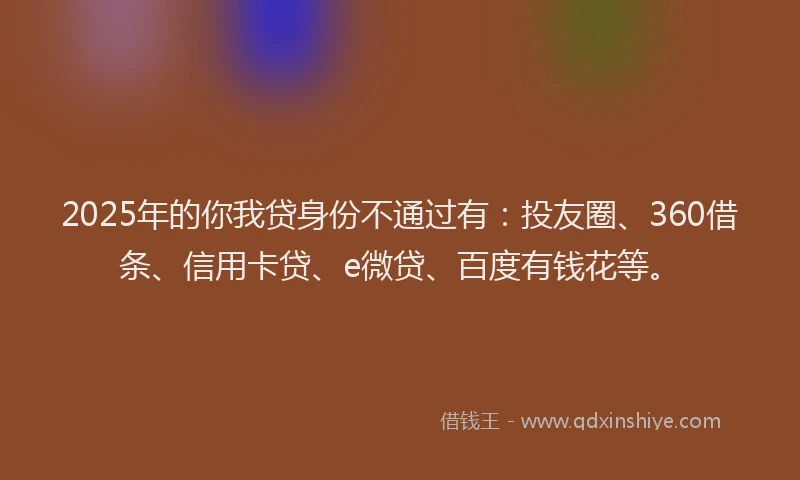 2025年的你我贷身份不通过有：投友圈、360借条、信用卡贷、e微贷、百度有钱花等。
