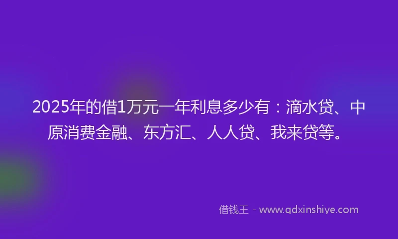 2025年的借1万元一年利息多少有：滴水贷、中原消费金融、东方汇、人人贷、我来贷等。