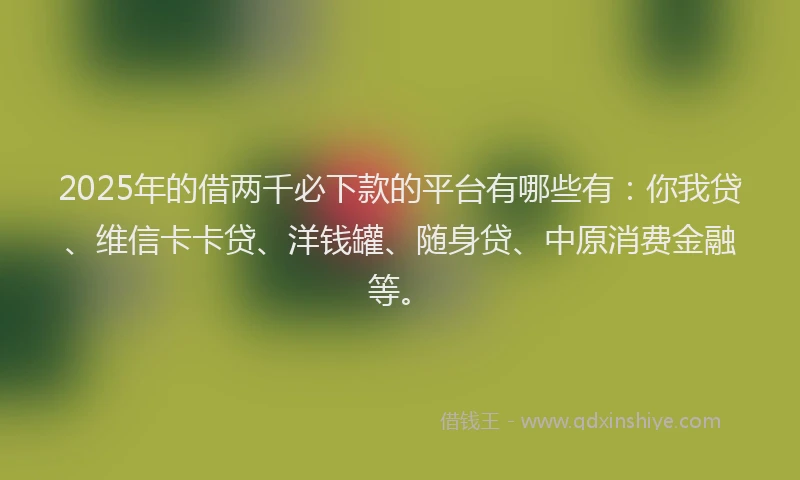 2025年的借两千必下款的平台有哪些有：你我贷、维信卡卡贷、洋钱罐、随身贷、中原消费金融等。