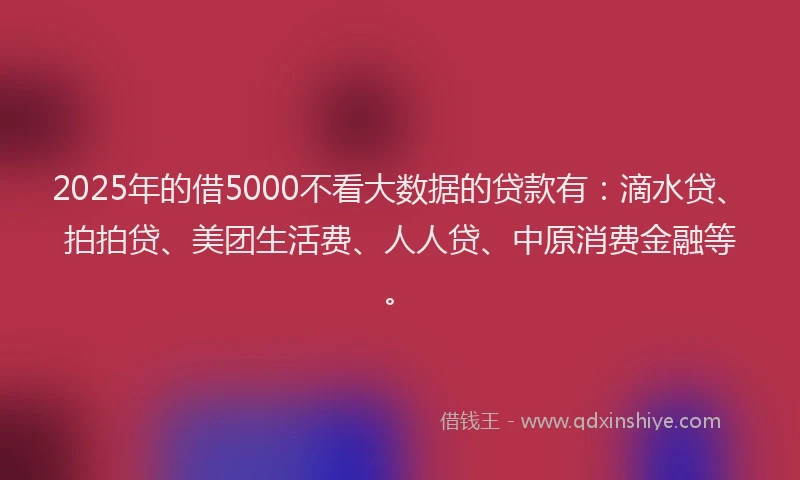 2025年的借5000不看大数据的贷款有：滴水贷、拍拍贷、美团生活费、人人贷、中原消费金融等。